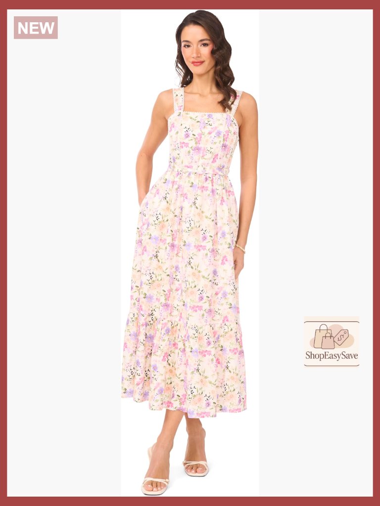 Smocked Back Midi Tank Dress Floral Square Neck Elegant Casual Summer